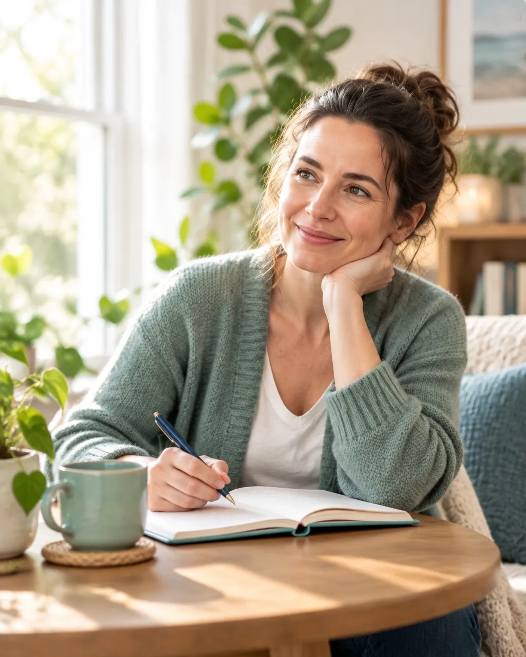A woman reflecting and writing in a notebook