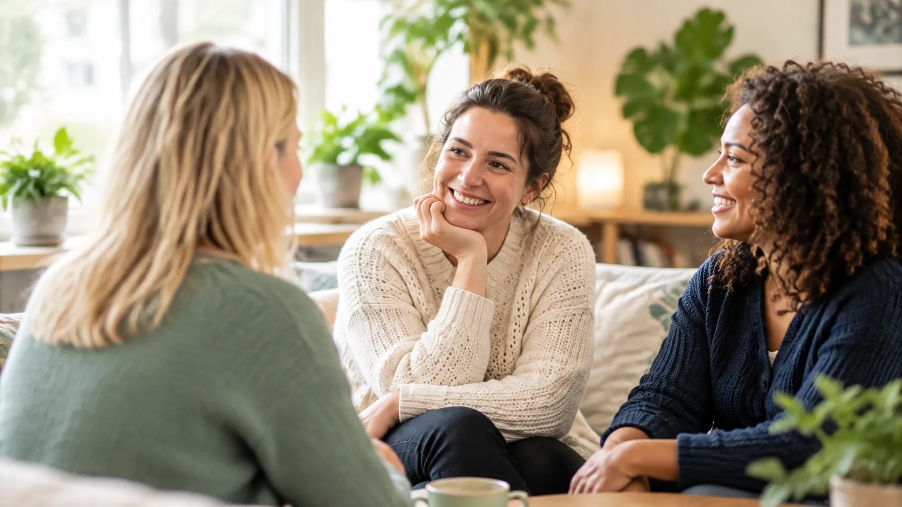 Women sharing a supportive conversation in a welcoming community room